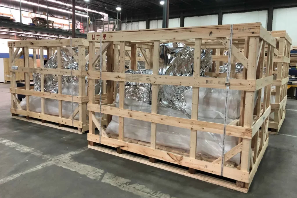 Wooden frame crates containing machinery wrapped in silver barrier foil inside a warehouse.
