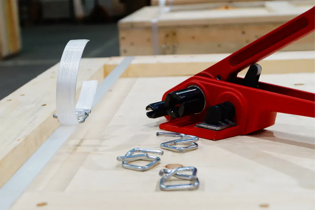 Red tensioning tool with poly strap and metal buckles on a wooden crate surface.